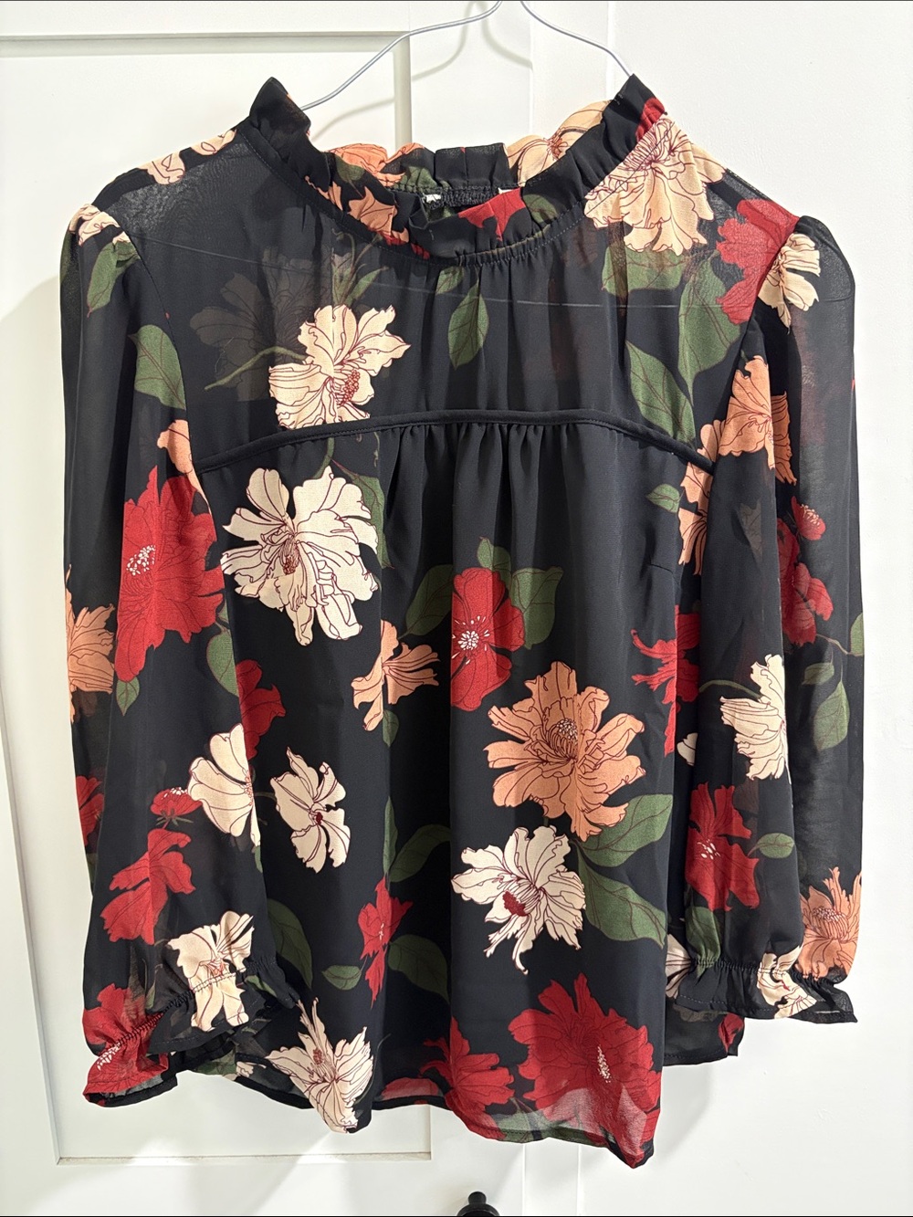 Floral Black Red Peach Long-Sleeve Blouse